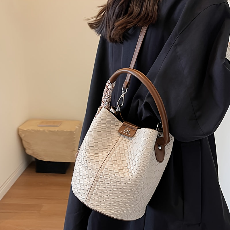 Women's Woven Bucket Handbag & Crossbody Bag - Golden-Tone Hardware, ic Closure, Detachable Strap - Deep Brown/Beige/Green/Black - Elegant Tote for, Travel, Formal Events - Durable Wipe-Clean