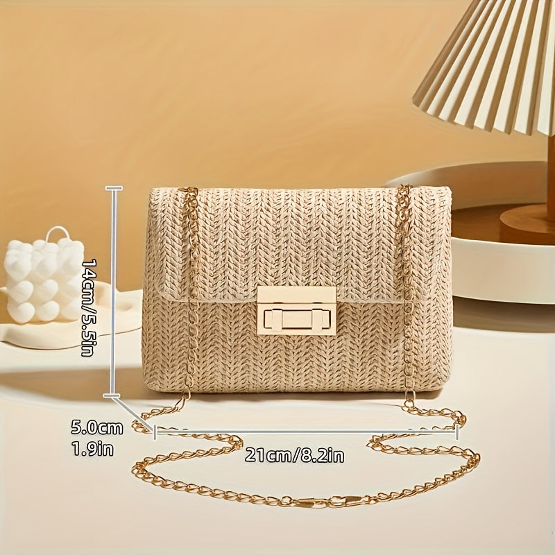 [Perfect Gift for Her] Women's Elegant Woven Straw Shoulder Bag with Golden Chain Strap, Detachable Crossbody Style, Polyester Lining - Perfect Gift for Her, Khaki/Cream Color | Clasp Closure Purse | Polyester Lining, Ladies