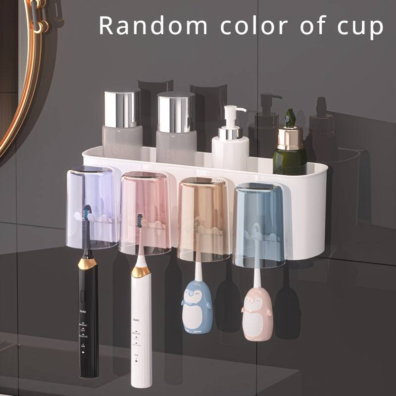 Durable Plastic Space-Saving Wall-Mounted Holder - Multi-Cup Toothbrush & Mouthwash Organizer with Ample Storage