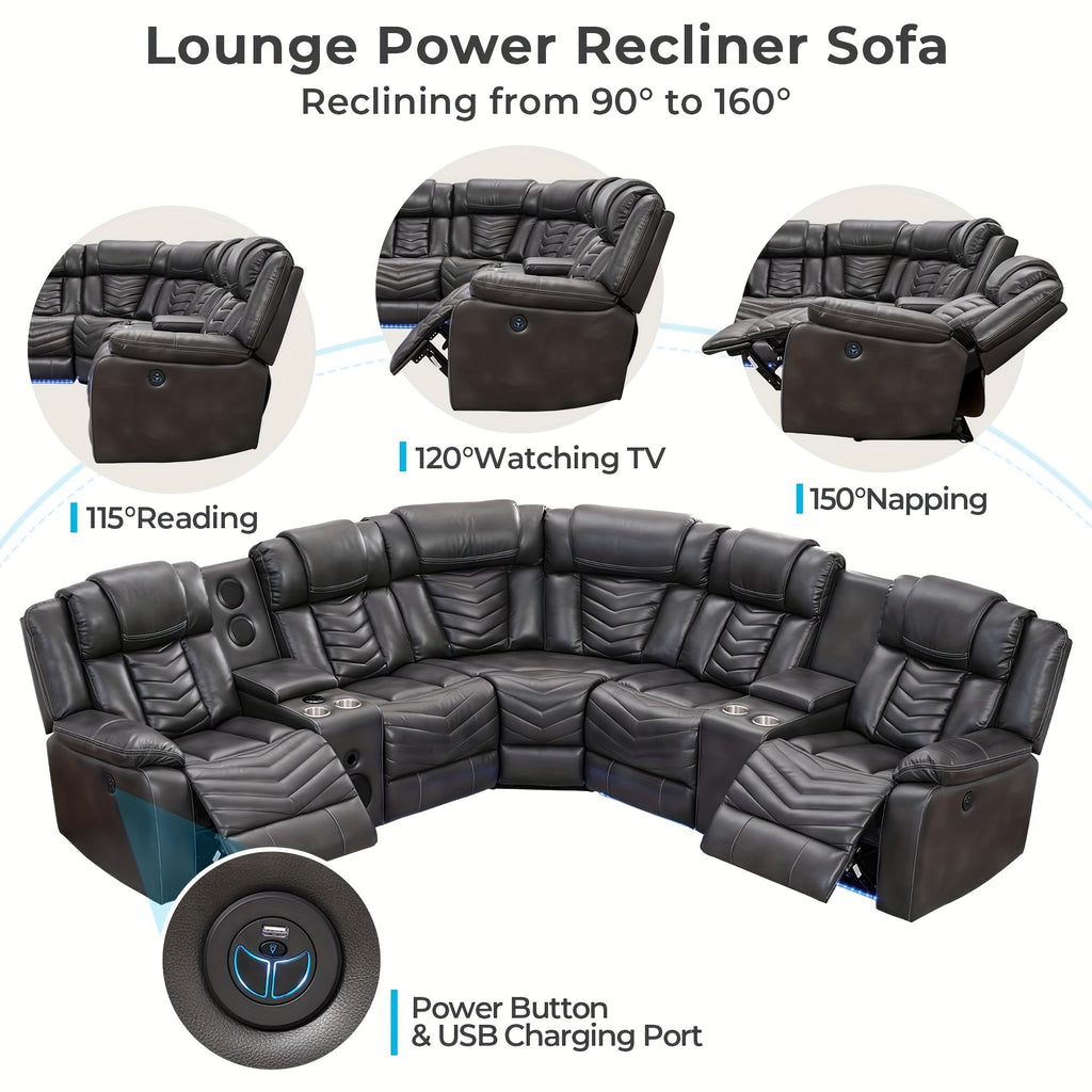 Power Recliner Sectional Sofa Couches With Bass Speakers For Living Room, Leather Reclining Corner Sectionals Sofa Couch Sets With LED Light