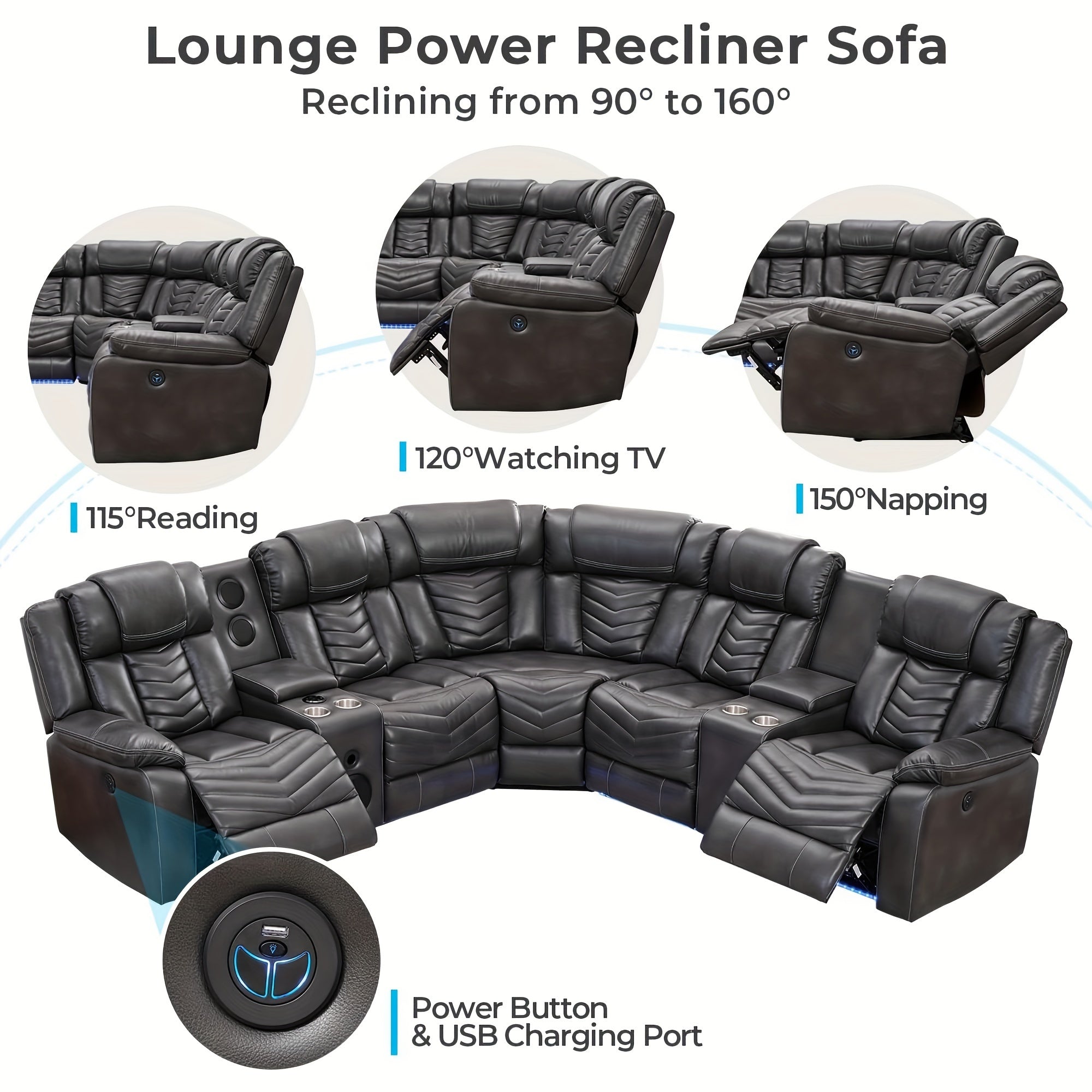 Power Recliner Sectional Sofa Couches With Bass Speakers For Living Room, Leather Reclining Corner Sectionals Sofa Couch Sets With LED Light
