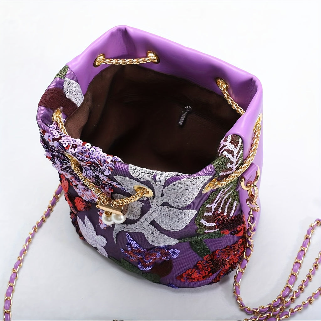 Elegant Retro Chinese Style Floral Sequin Bucket Bag for Women - Nylon Crossbody with Golden Chain Strap, Drawstring Closure, and Vibrant Purple & Red Patchwork Design, Ladies Bag