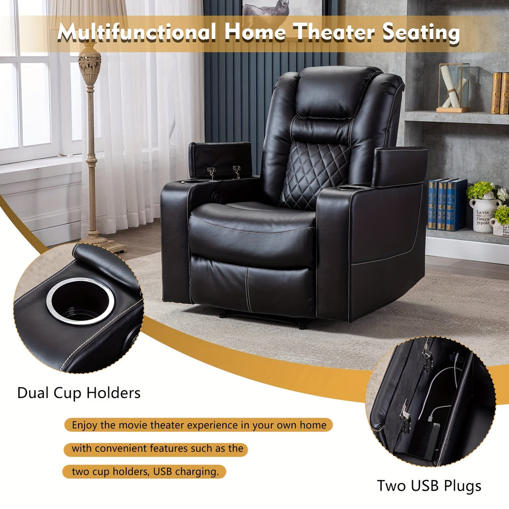 Power Recliner Chair, Heavy-Duty Frame & Soft Faux Leather Upholstery, Hidden Storage & Easy Operation, Compatible with Plug, Black, Modern Lazy Boy Sofa for Home Theater Seating, Easy Assembly