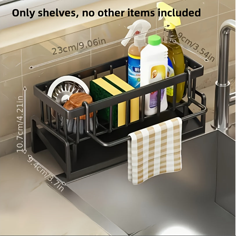 Heavy-Duty Metal Kitchen Sink Organizer Tray - Sink Drainage Rack with Built-in Sponge Holder, Dish Brush Slot - Space-Saving Countertop Organizer, Compatible with Standard Sinks - Easy to Clean Kitchen Storage Rack, Compact