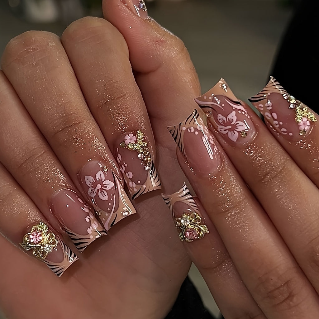 24pcs Short Square French-Style Fake Nails Set with Luxury 3D Sweet Heart Synthetic Gemstones, Elegant Golden Butterfly, and Charming Stamen Design. Suitable for All Women and. Includes Nail Buffer and Jelly Glue for Easy App