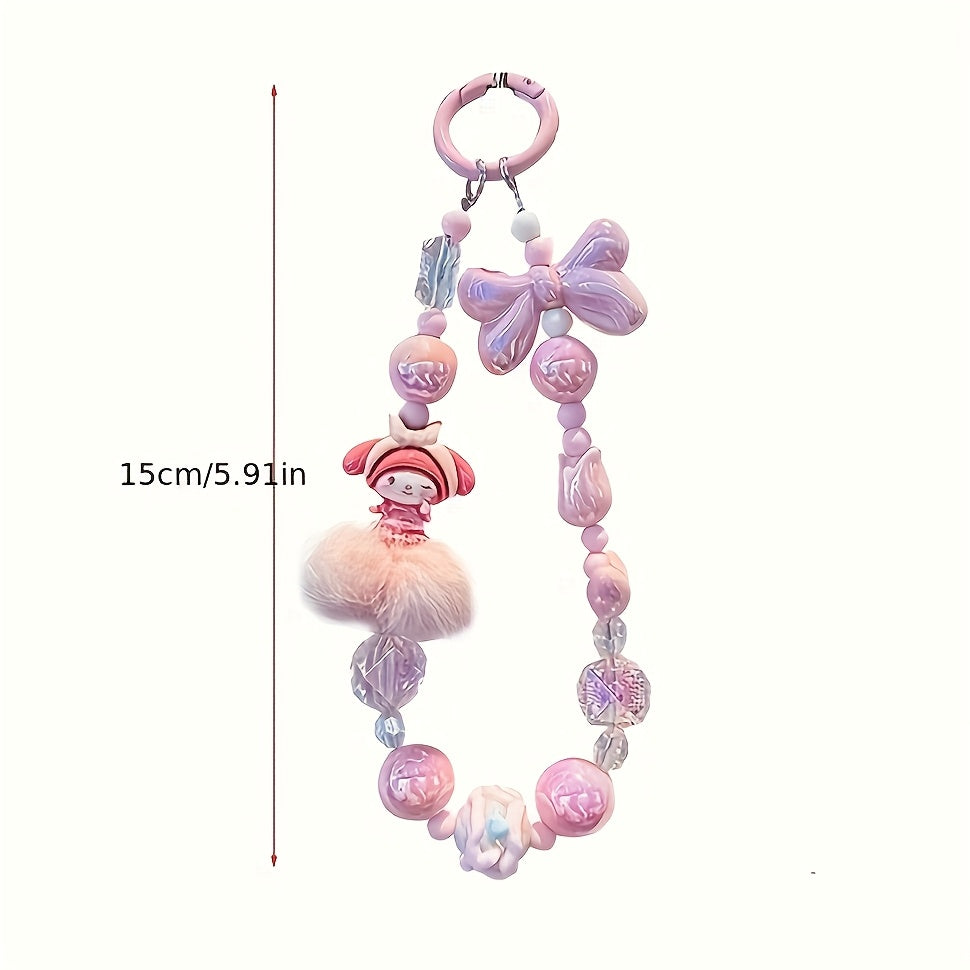 Sanrio Licensed Mobile Phone Lanyard Wrist Strap - Pastel Pink/Purple Multi-Bead Design with Bow/Tulip/Cartoon Avatar/Square Beads & Fluffy Ball Decor, Cute Sanrio Cartoon Doll Charm for Daily Commute/Shopping/Gifting (Girls'