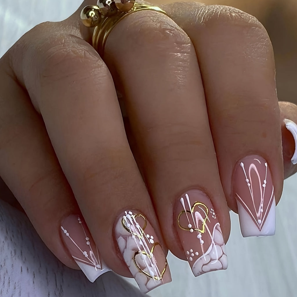 [Glossy Press-On Nails] 24pcs Square Medium-Length Press-On Nails | White & Pink Glossy Fake Nails with Cloud & Heart Designs - Includes Jelly Glue & Nail File for Daily & Holiday Wear