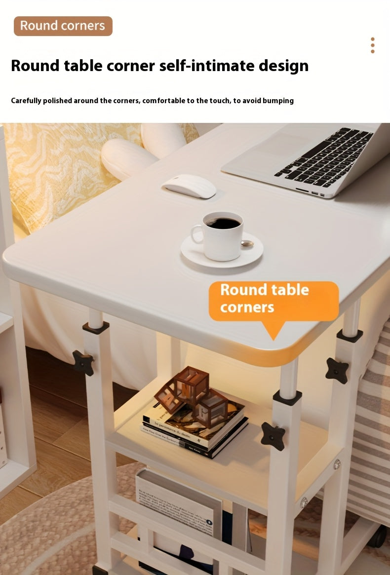 [Mobile Laptop Table] Height-Adjustable Mobile Laptop Table - 4-Wheel Rolling Study/Workstation Desk with Dual Shelves for Bedside/Dorm/Office Use, Sturdy Modern Finish (Space-Saving Design)