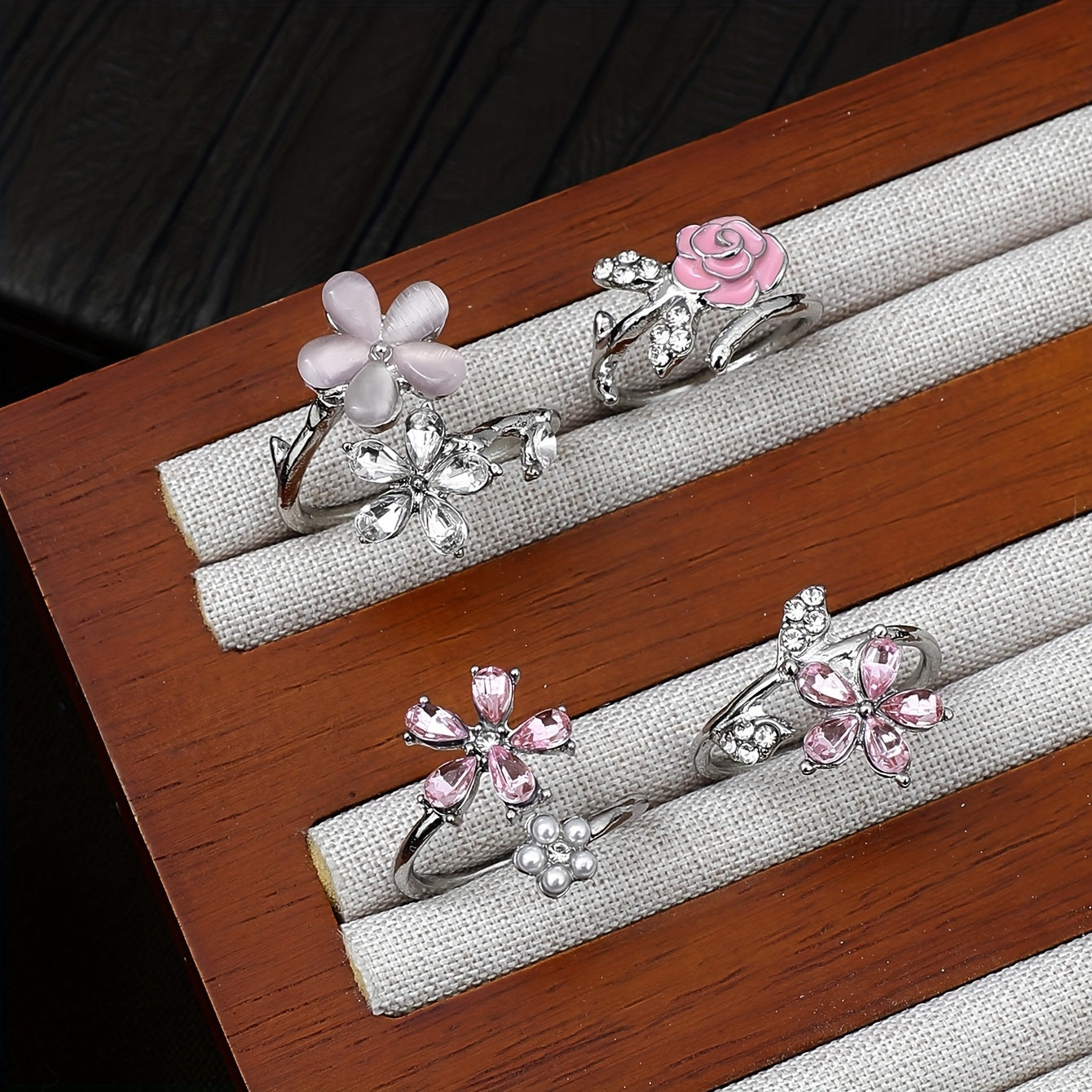 4pcs Set of Alloy Water Artificial Pearl Glazed Layered Rings. Fashionable Elegant Sexy Floral Pink Series, Water Artificial Pearl Sexy Flower Wedding