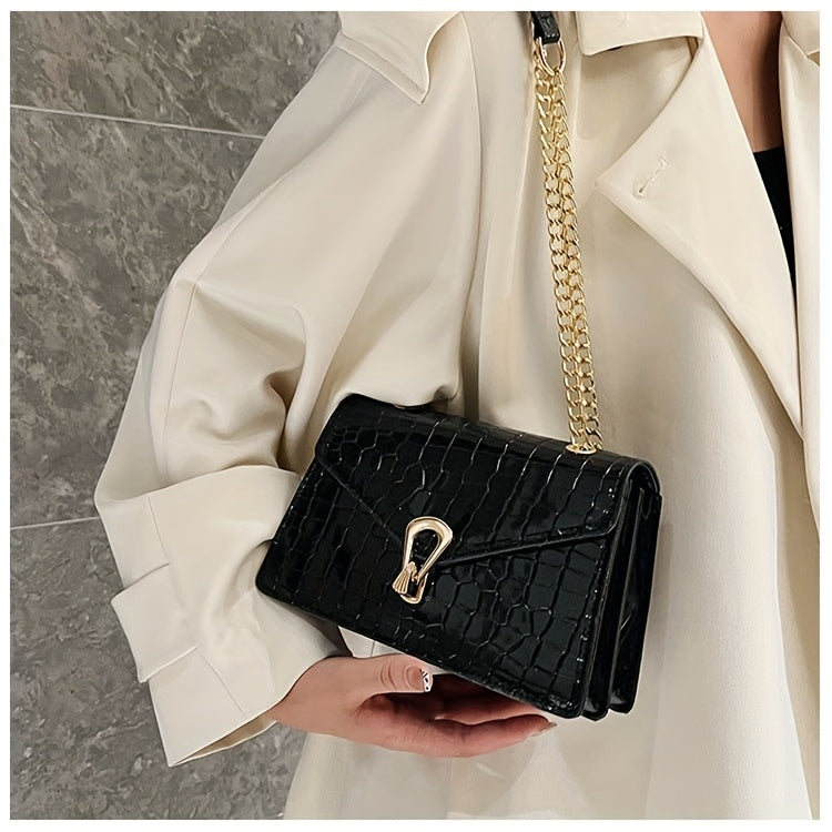 Pink Snake Print Crossbody BagFor Women, Stylish Women's Crocodile Pattern Handbag - Black Shoulder Bag With Detachable Strap Golden-Tone Hardware & Chain Strap, Crossbody Bag Purse Christmas Bags For Gifts Christmas Gift Bag