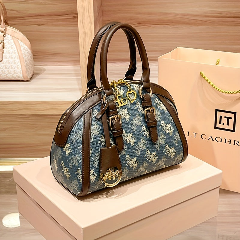 [Vintage Handbag] Elegant Vintage Carriage Print Shell Handbag for Women | PVC Blue Animal Print, Removable Strap, Zipper Closure, Polyester Lined - Ideal Gift for Mom