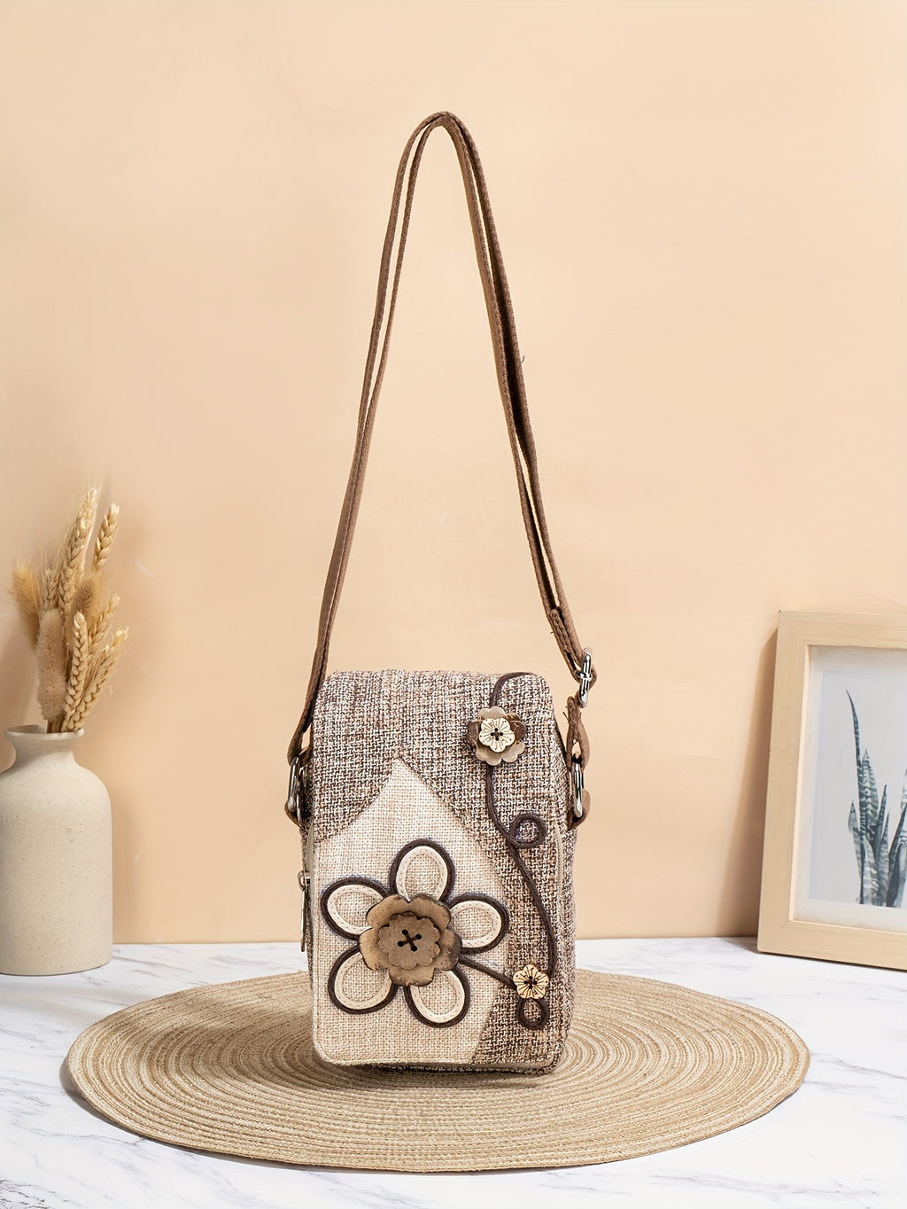 Women's Floral Design Phone Bag, Contrast Color Retro Style Crossbody Shoulder Bag With Adjustable Strap