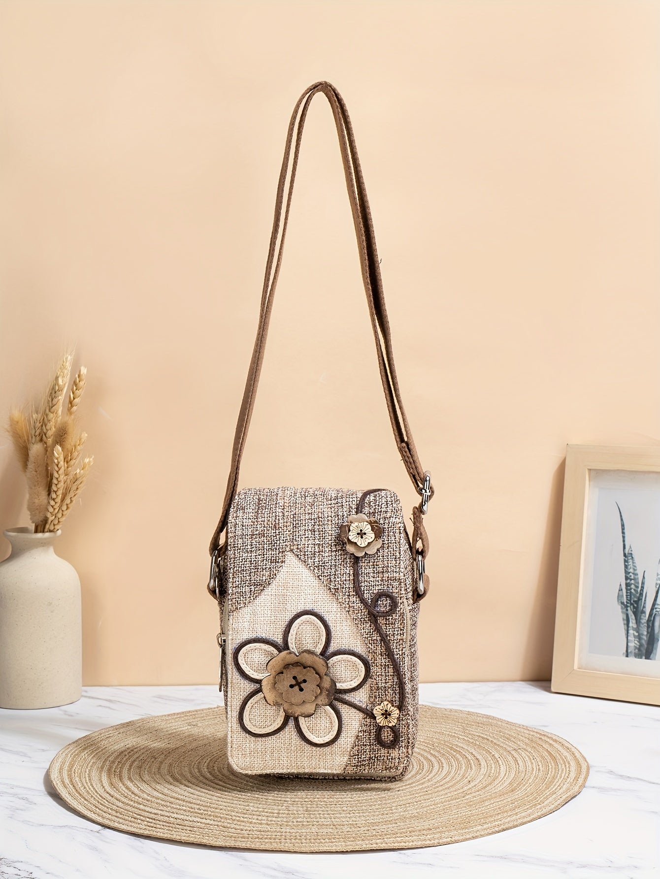 Women's Floral Design Phone Bag, Contrast Color Retro Style Crossbody Shoulder Bag With Adjustable Strap