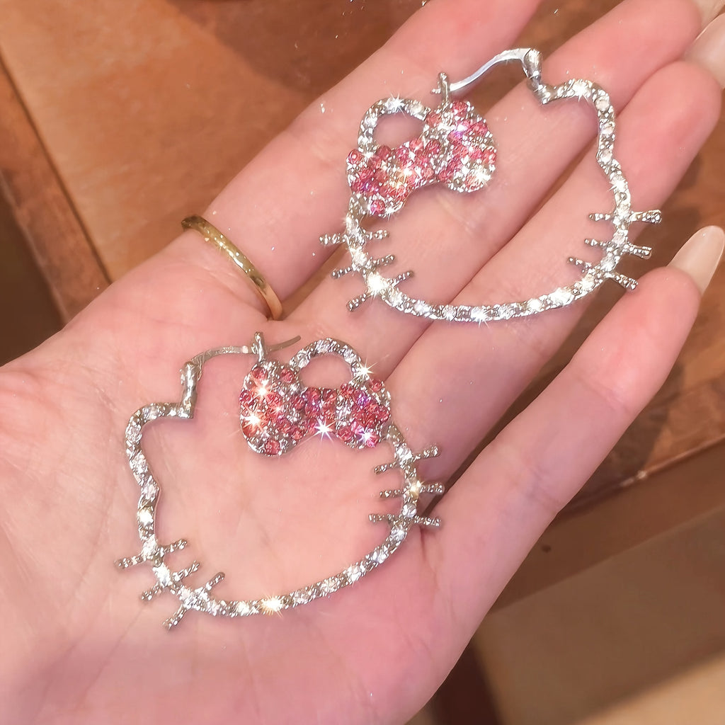 Official Sanrio Jewelry 1 Pair Fashion Sweet Vintage Kitty Cat Hoop Exaggerated Earrings, Cute Earrings, New Versatile Exaggerated Earrings, Great Birthday Gift Choice, Ideal for Valentine's Day and Christmas Holiday Gifts, f