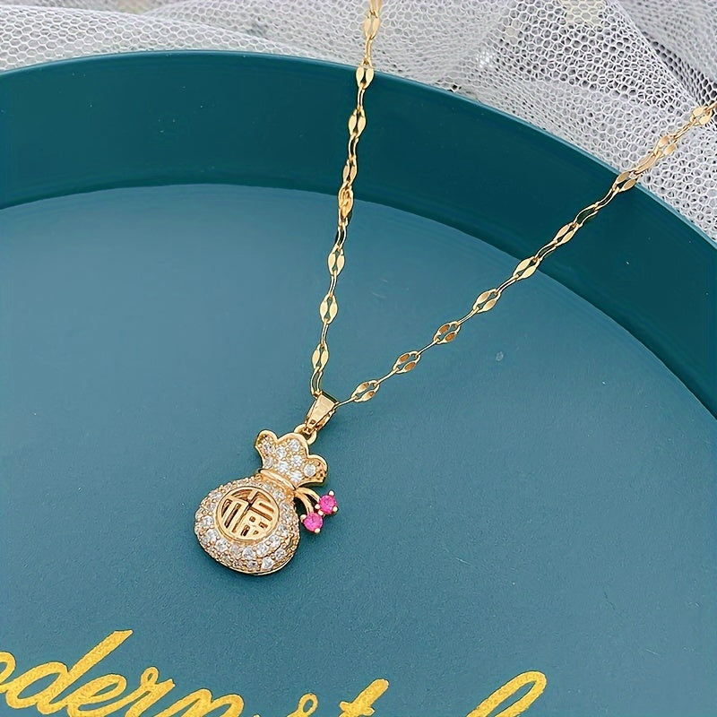 Fashion Money Bag Pendant Necklace for Women - Alloy, Yellow, Synthetic Cubic Zirconia, Fashion Themed, Suitable for Ages 15+ - Elegant Non-Plated Korean/Japanese-Inspired Design with Lucky Fu Bag Charm