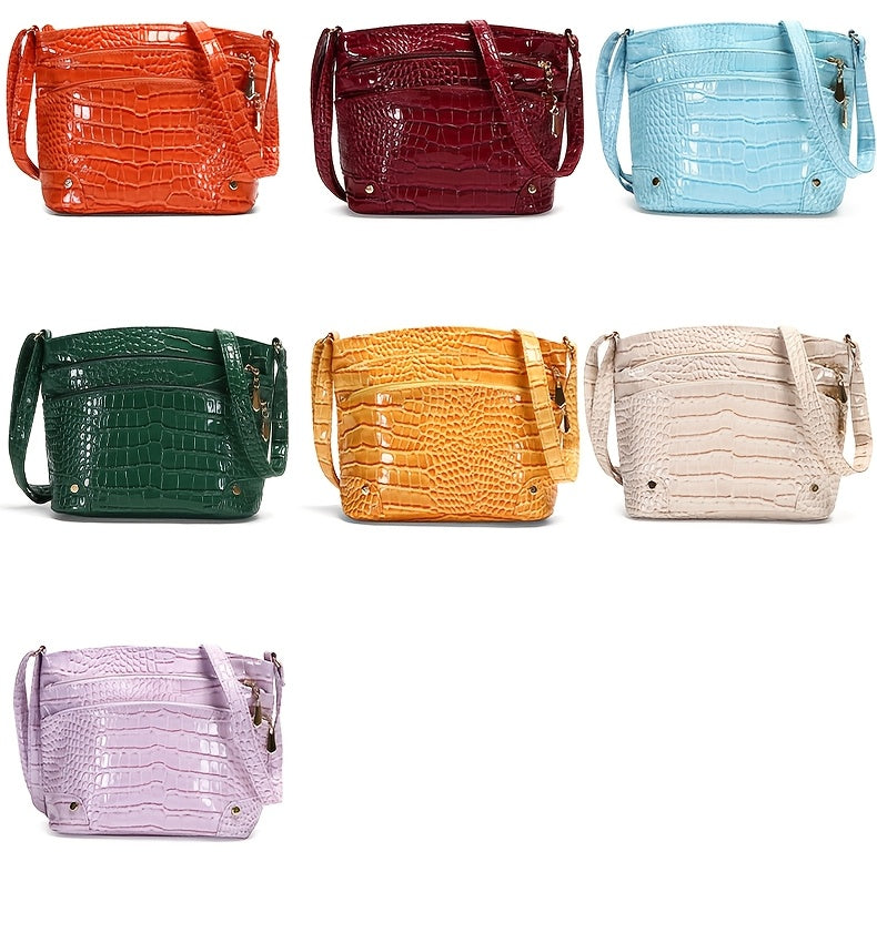 Shiny Crocodile Pattern Women'S Bag, PU Soft Shoulder Bag, Multi-Layer Crossbody Bag, Stylish And Versatile Large Capacity Bucket Bag.