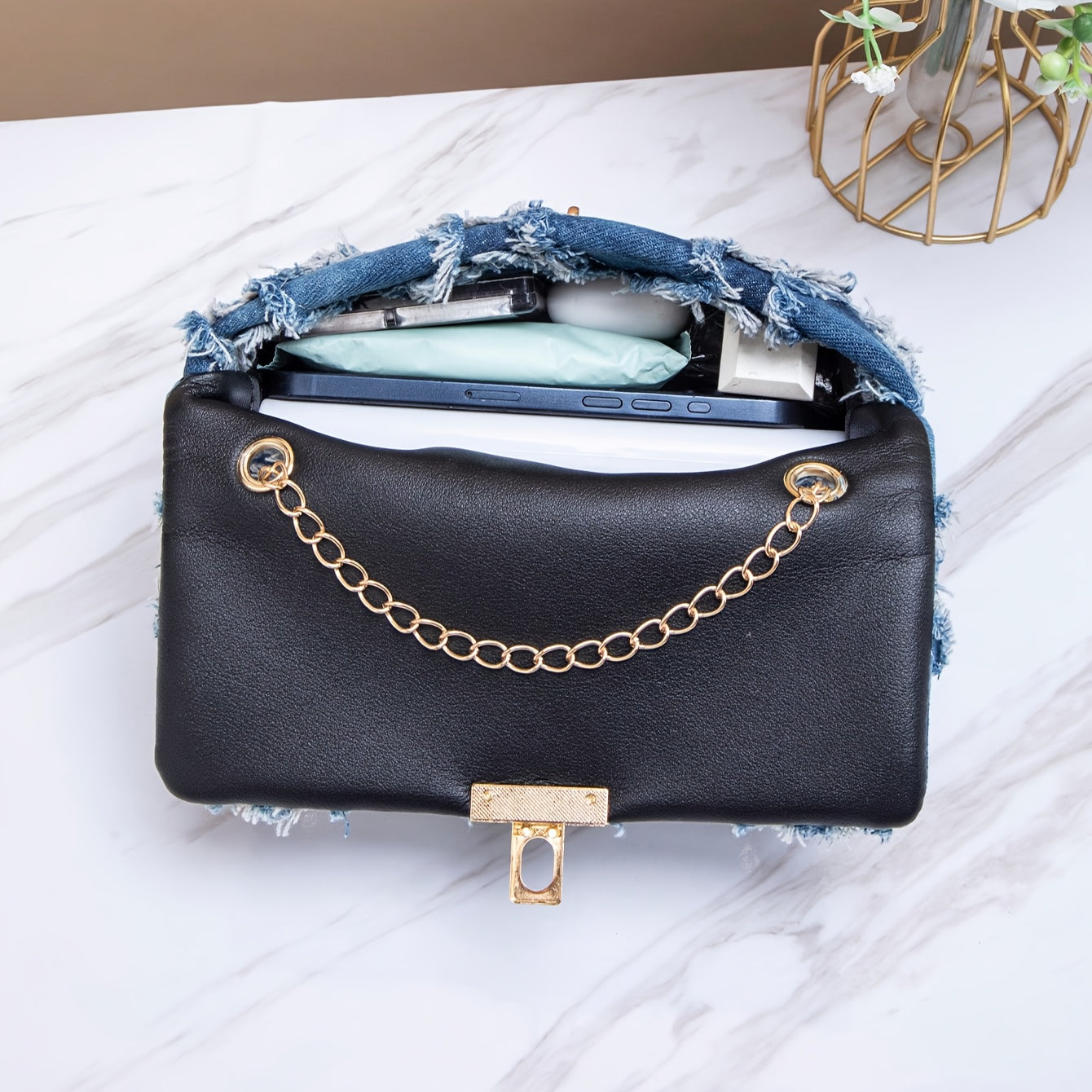 Blue Vintage-Inspired Denim Chains Crossbody Bag with Golden-Tone Hardware, Detachable Chain Strap & Tassel Accents - Elegant Canvas Purse for Everyday Casual or Street Style, Fashionable Accessory | Elegant Accessory | Decor