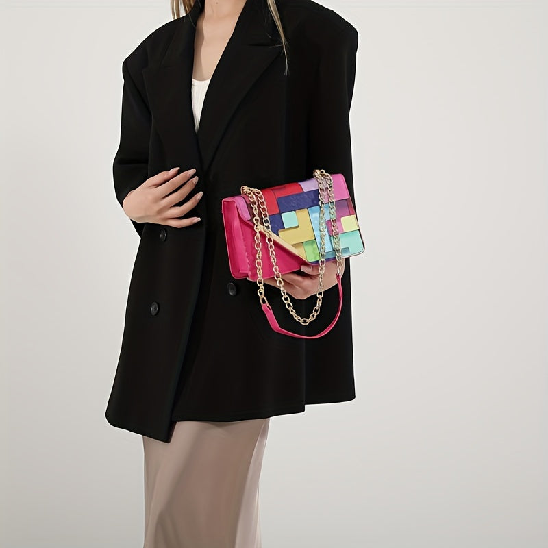 [Lightweight Shoulder Bag] Lightweight Magnetic Closure Color Block Shoulder Bag for Girls | Fashionable Casual Style, Artificial Leather, No Wash, Adjustable Strap, Unlined, Perfect for Outings