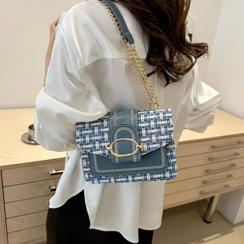 A Mini Checkered Tweed Bag with a Clasp Decoration, a Square Shoulder Bag, And a Chain Crossbody Flap Wallet, Perfect for Everyday Use.