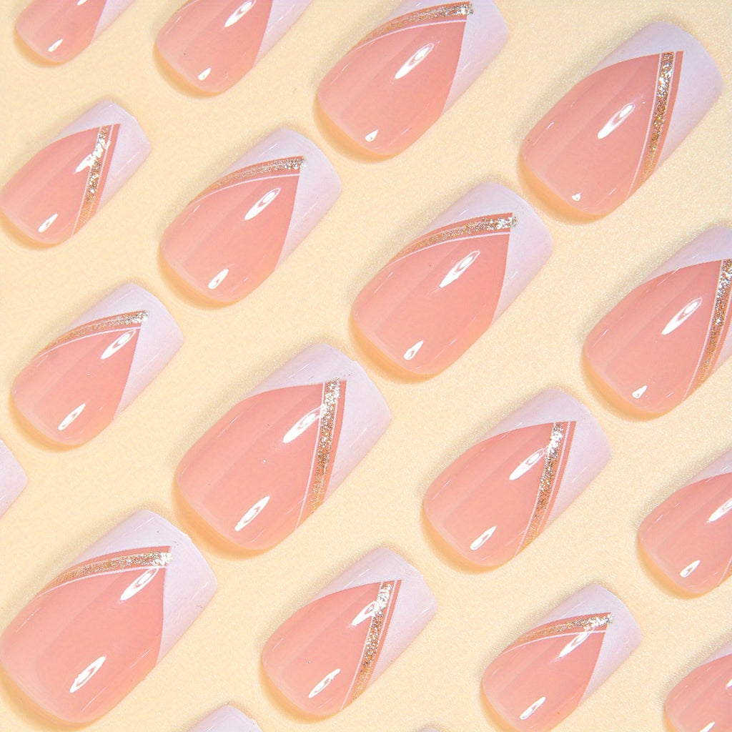 24pcs Chinese Style Nails, Soft Cute Elegant Pink Solid Color Classic White French-Style Line Silvery Glitter Shiny Wearable Nails, Elegant High-End Hot Pink Solid Color Classic White French-Style Line Silvery Glitter Shiny P