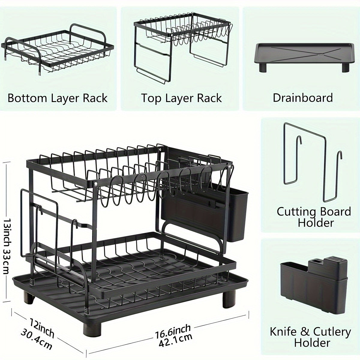 2-Tier Heavy-Duty Metal Dish Drying Rack with Drainboard - Space-Saving Black Kitchen Organizer with Upper & Lower Shelves, Utensil Holder & Cup Hooks, Compact Dish Drainer for Small Kitchens, Durable Rust-Resistant Design fo