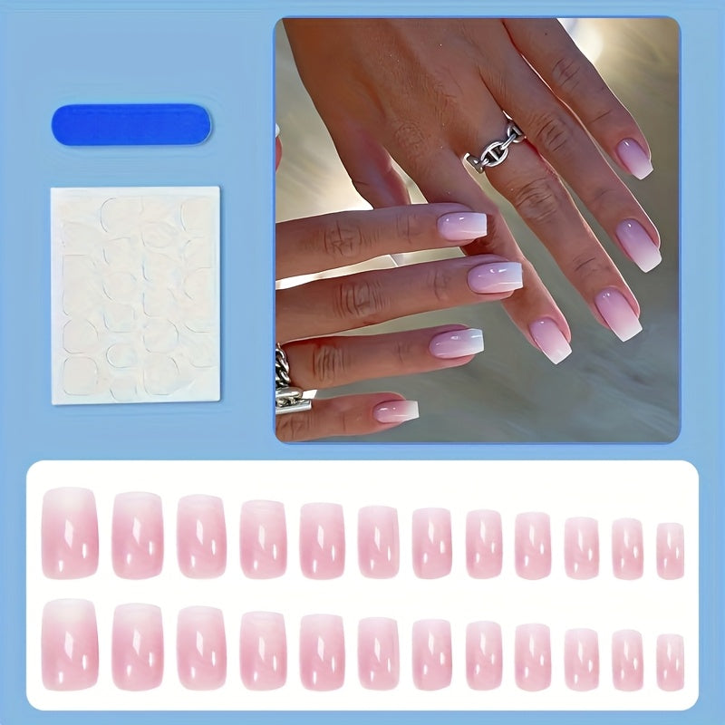 [High-Quality, Press On Nails] 24pcs Medium Square Press On Nails - High-Quality, Easy to Apply, Pink Gradient Nail Art with Smudge-Proof Adhesive, Perfect for Daily Wear by Women, Cute Short Nails, Everyday Nail Style, Gloss