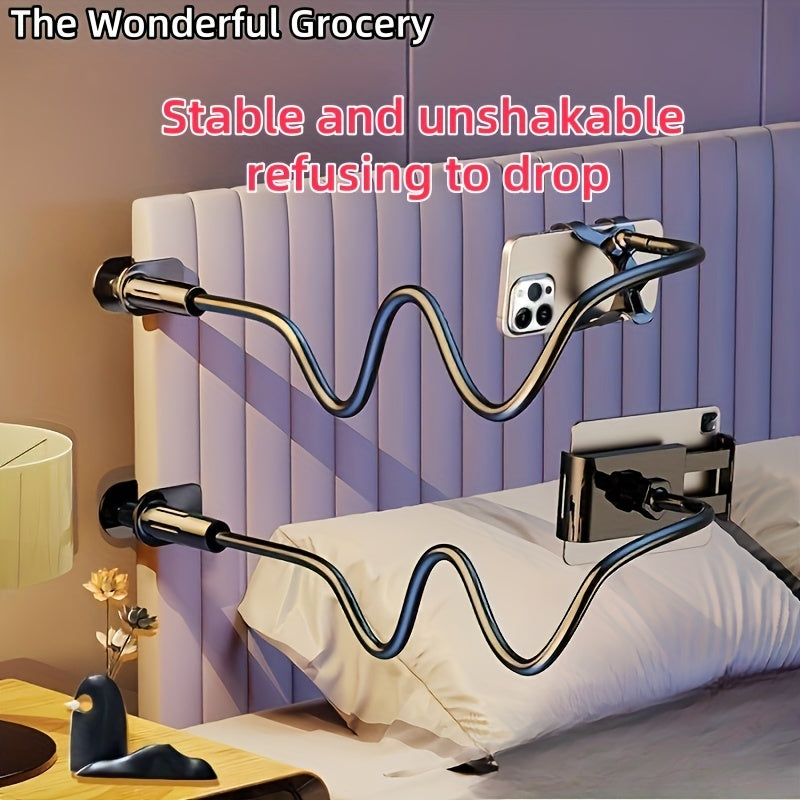 Phone and tablet stand with 360° swivel wheels, adjustable angle for flexible positioning, sturdy and durable design. Perfect as a bedside phone holder without straining your hands. Features an adjustable spiral base tension