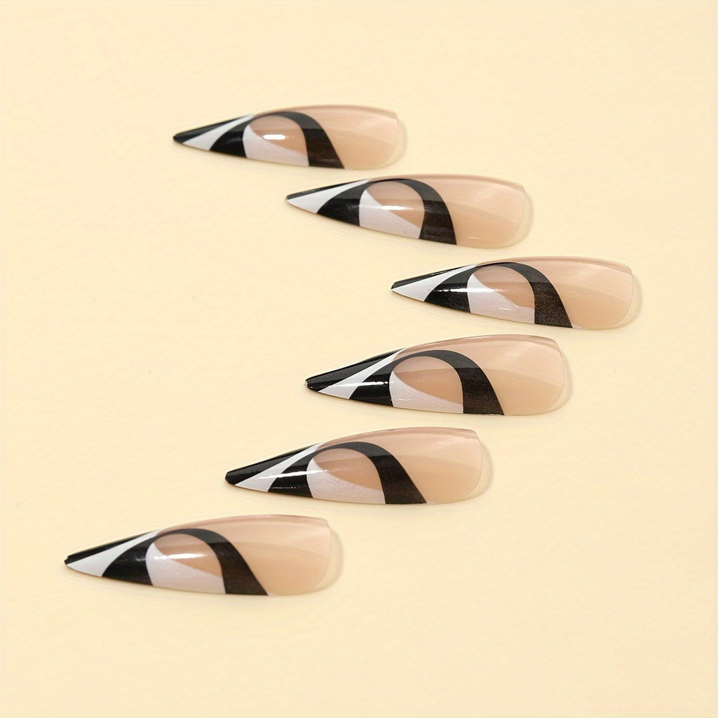 24pcs Long Stiletto Nail Tips, Black and White Minimalist French Style for Prom, Includes 1 Nail File + 1 Jelly Glue, Special Occasion Nails, Nail Art, Elegant Nails, Geometric Nail Design, Highquality Nails, Durable Tips, Pr