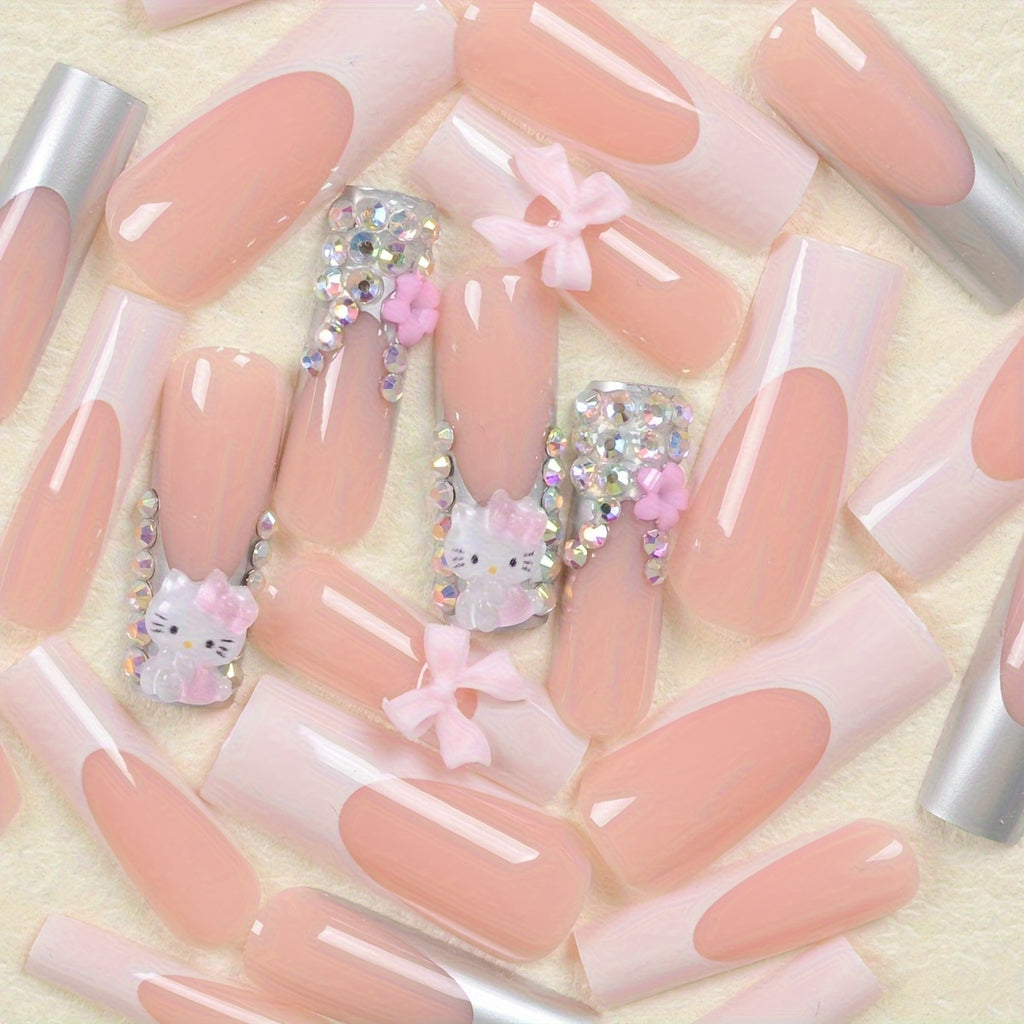 24-Piece Set of Super Long Square Shaped Glossy Press On Nails - Featuring Hello Kitty 3D Glitter Charms, Pink Floral Patterns, and Bow Embellishments for Glamorous Daily Use, Dates, and Parties - Includes Easy-Apply Jelly Ad