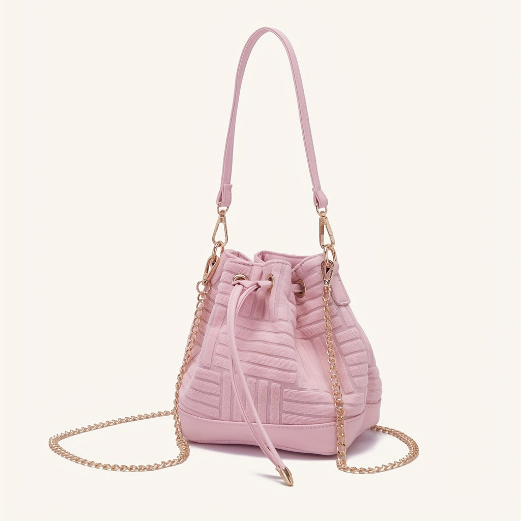Mini Drawstring Metal Chain Crossbody Bucket Bag, Dacron Textured Bag Purse, Classic Versatile Fashion Shoulder Bag