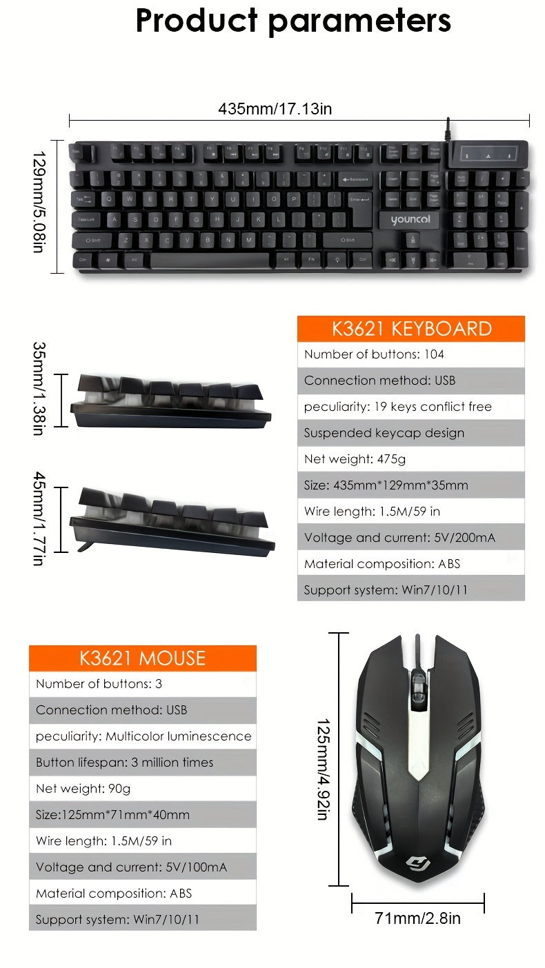 [Rainbow Backlit Gaming Set] Rainbow Backlit Wired Gaming Keyboard and Mouse Set | 19-Key Rollover, Adjustable Brightness, 2 Lighting Modes, Ergonomic Design, Hotkeys, Media Keys, USB Powered, No Battery, for Home Entertainme