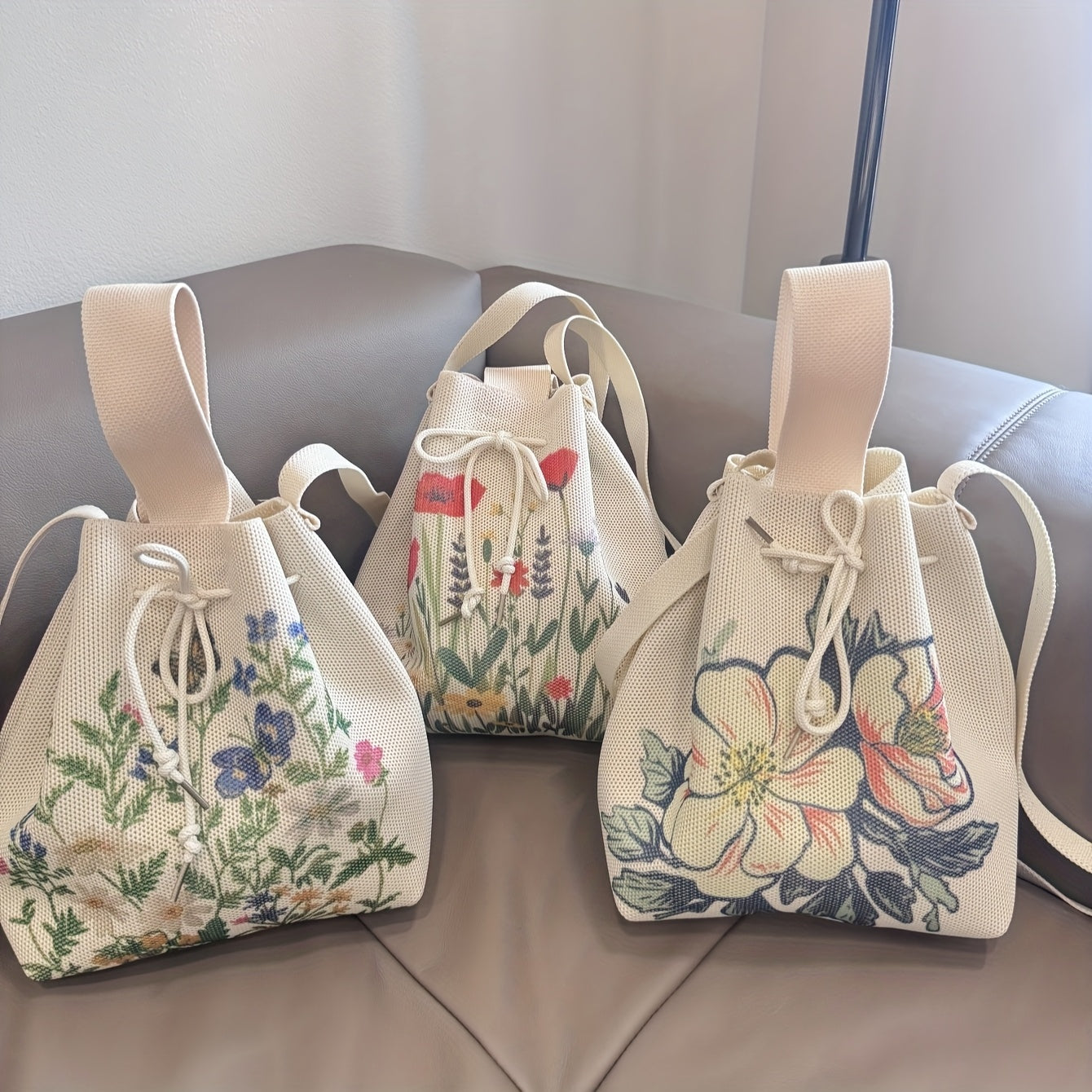 Floral Print Knit Drawstring Bucket Bag – Elegant Polyester Crossbody & Shoulder Bag for Women, Beige with Vibrant Floral Designs, Perfect for Daily Use or Shopping, Versatile Carryall | Lightweight Construction