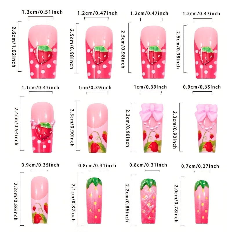 [French Bow Strawberry Nails] 24pcs French Bow Strawberry 3D Square Press-On Nails with Jelly Glue File