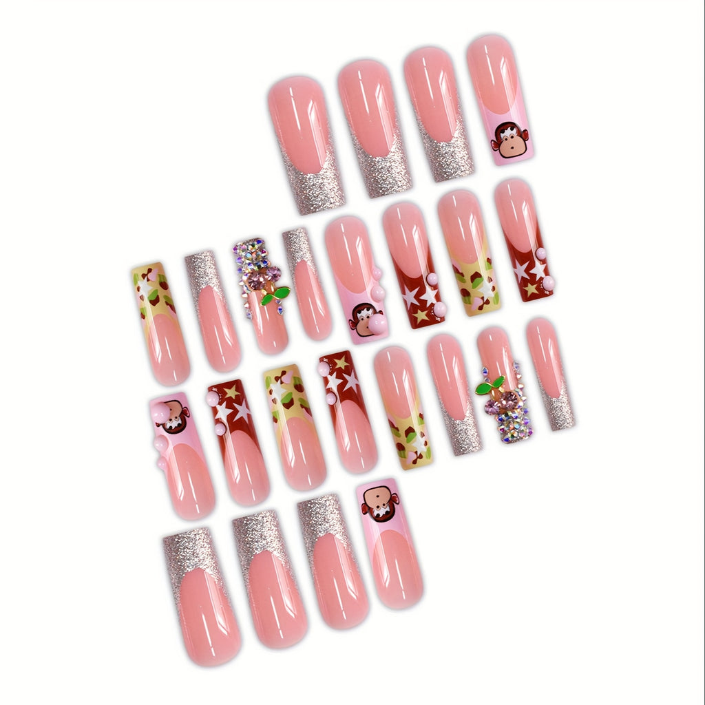 A Set of 24 Long Coffin-Shaped False Nails, Cute Cartoon Monkeys, Sweet Three-Dimensional Cherries, Light Luxury Diamonds, Fashionable Stars, Silvery Glitter, Suitable for All Women And, Nail Polish And Jelly Glue Are Include