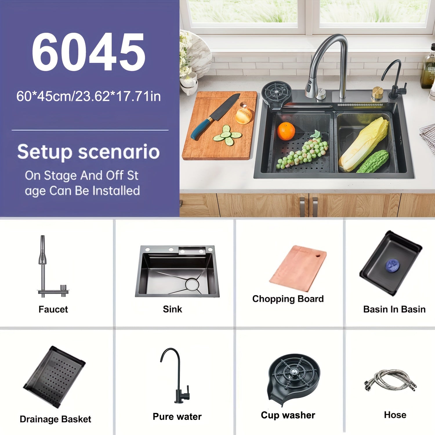 Digital Display Waterfall Sink, Single Bowl Kitchen Sinks, Stainless Steel Bar Sink With Pull Down Sprayhead Faucet, Smart Modern Kitchen Sink, Full Set Of Accessories, Gun Gray & Brushed Golden, 1 Set