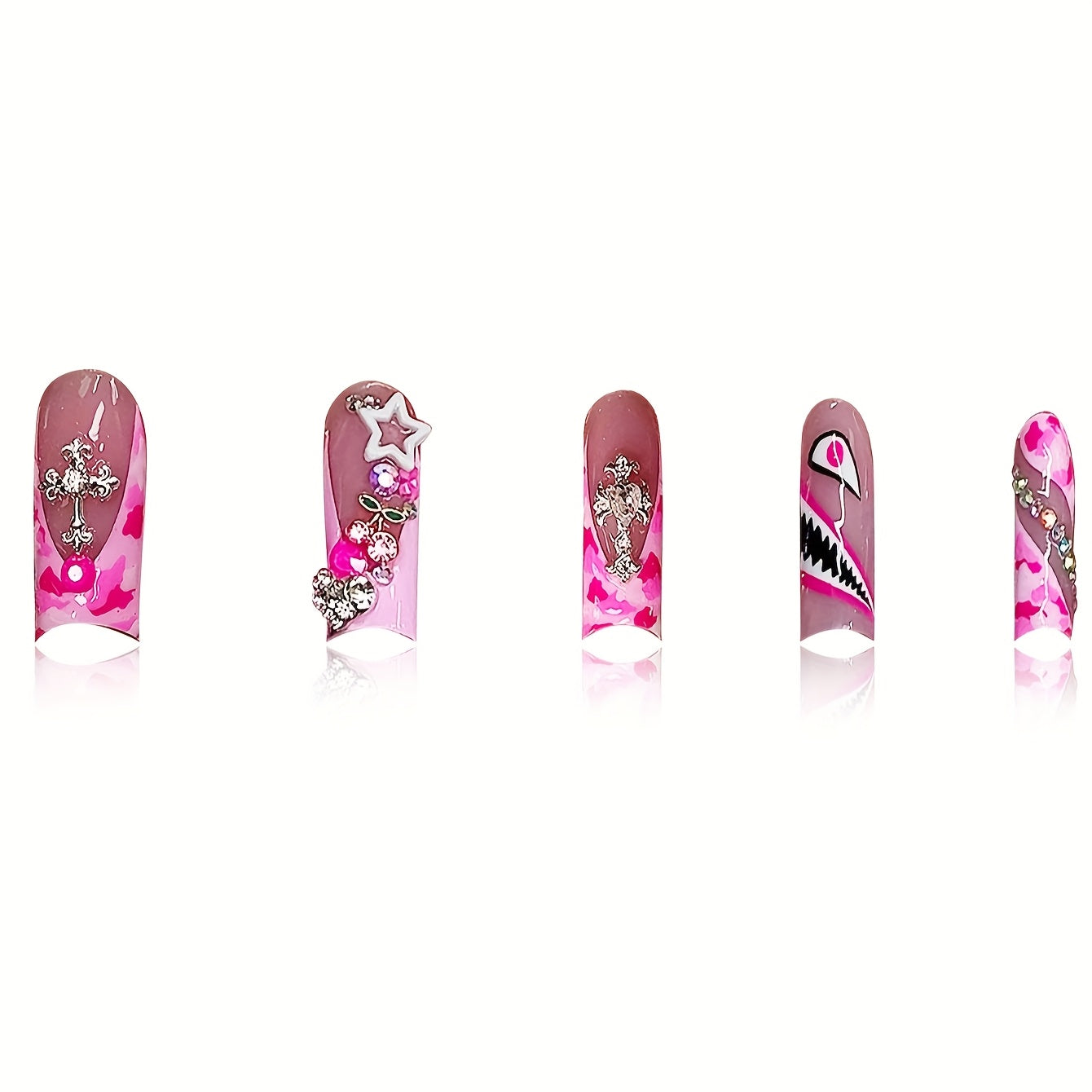 Pink Glossy 24pcs Luxurious Teardrop False Nails Set - Long Length, Easy to Apply, with Glitter Cherry Heart & Shiny Cross Emblem, Cute Star Accents, Animal Pattern - Includes Nail File & Jelly Glue