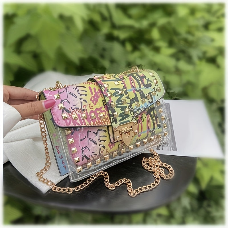 Chic Graffiti-Style Crossbody Bag, Mixed Color Transparent Shoulder Purse with Golden-Tone Hardware, Fashionable and Versatile, Secure Zip Closure, Casual Accessory|Graffiti Artistry|Goldtone Chain, Small Crossbody Bag