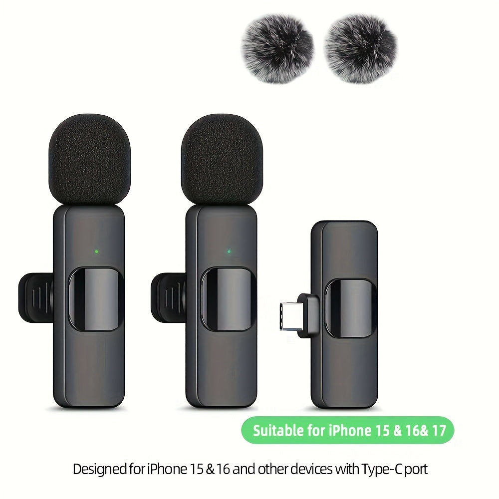 Wireless Lavalier Microphone, Clip Microphone for iPhone iPad Android, USB-C Cordless Plug And Play, Audio Video Recording Live Streaming Interviews Voiceover, Portable Compact Design