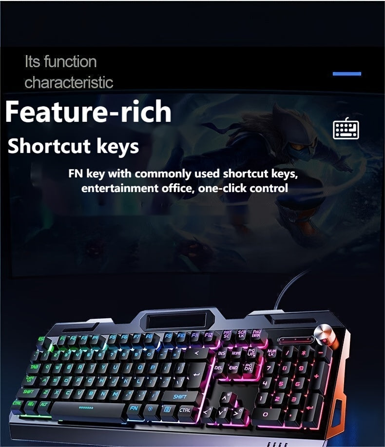 Ergonomic Gaming Keyboard - Wired, Faux Mechanical Feel, LED Color Backlight, USB Connection, 104 Keys Full Metal Panel, Multimedia Knob And Laptop Phone Holder Gift for Your Family Boyfriend