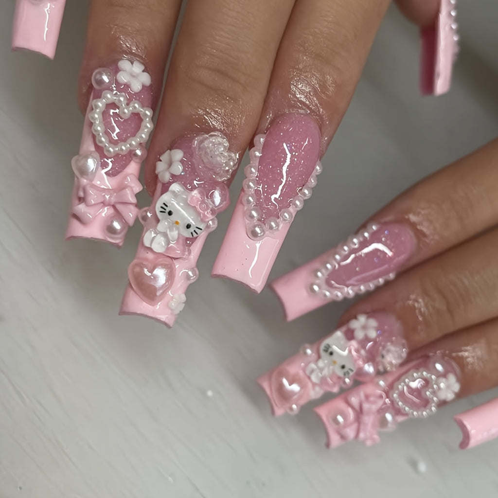 Get Glamorous with 24pcs Long Square Water Pipe Nails Y2K Three-Dimensional Cute Sanrio for hello kitty Cartoon Character Design, Heart Flower Pearl Bow Decoration, Pink French Edge Full Coverage False Nail Sticker Set for Wo