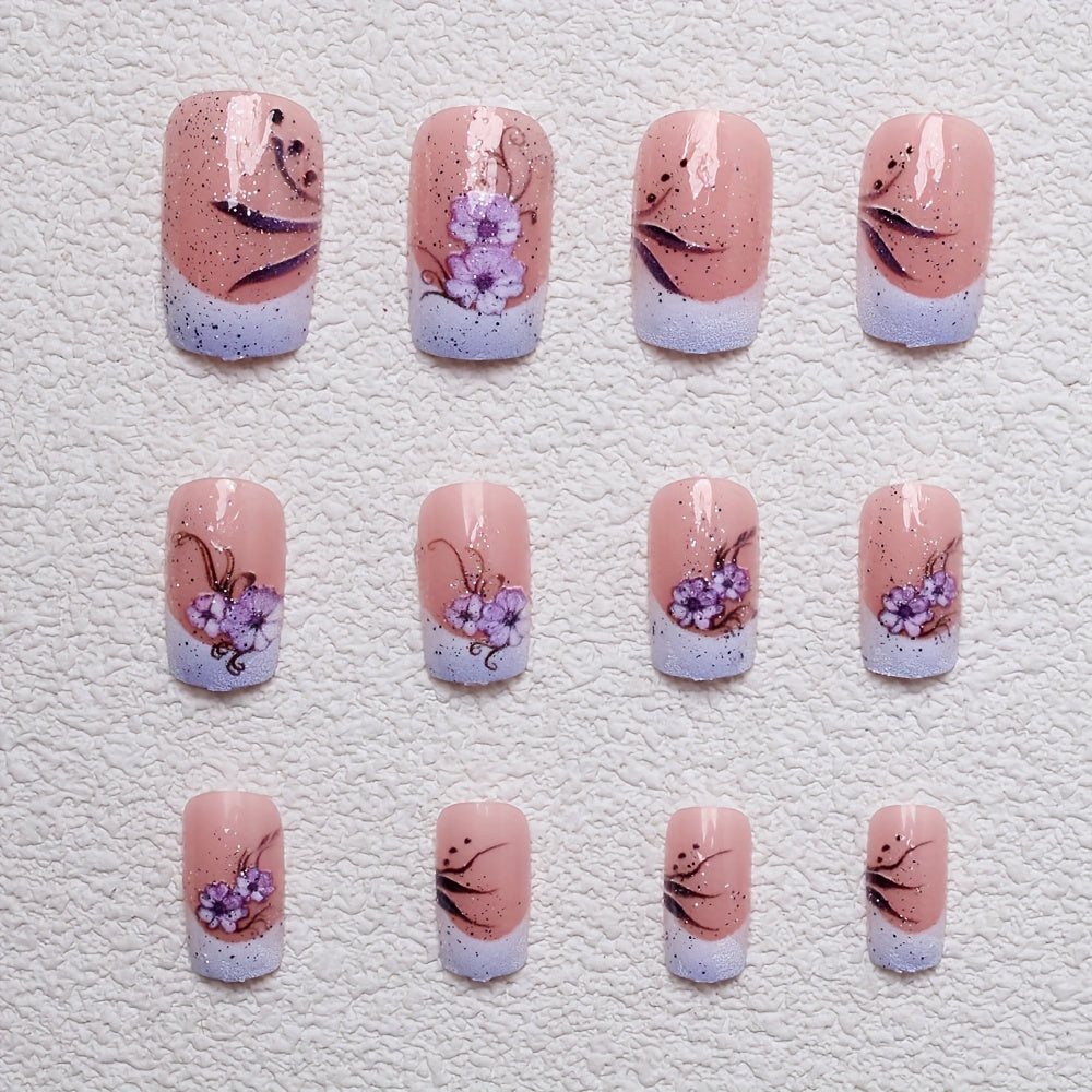 24pcs Square Press-On Nails - Purple Floral Design with Lavender to Pink Gradient, Medium Length Glossy Fake Nails for Women & s, Elegant Spring-Inspired Nail Art for Casual Attire or Special Occasions, Nails Accessories, Dec