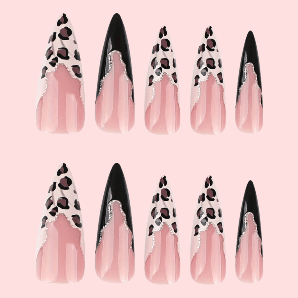 French Leopard Print Long Pointed Nails Glitter Black Splicing Nail Art Detachable Nail Tips 1 Box of 24pcs