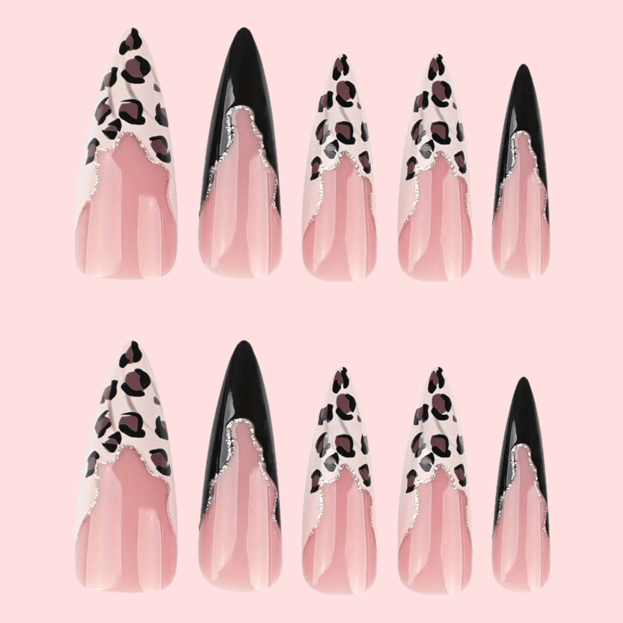 French Leopard Print Long Pointed Nails Glitter Black Splicing Nail Art Detachable Nail Tips 1 Box of 24pcs