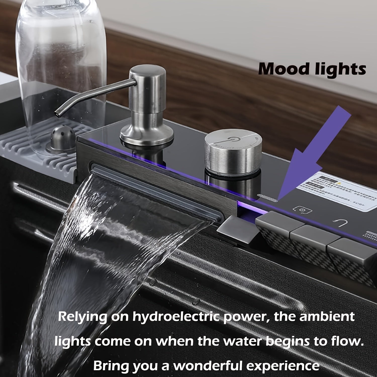 Digital Display Waterfall Sink, Single Bowl Kitchen Sinks, Stainless Steel Bar Sink With Pull Down Sprayhead Faucet, Smart Modern Kitchen Sink, Full Set Of Accessories, Gun Gray & Brushed Golden, 1 Set