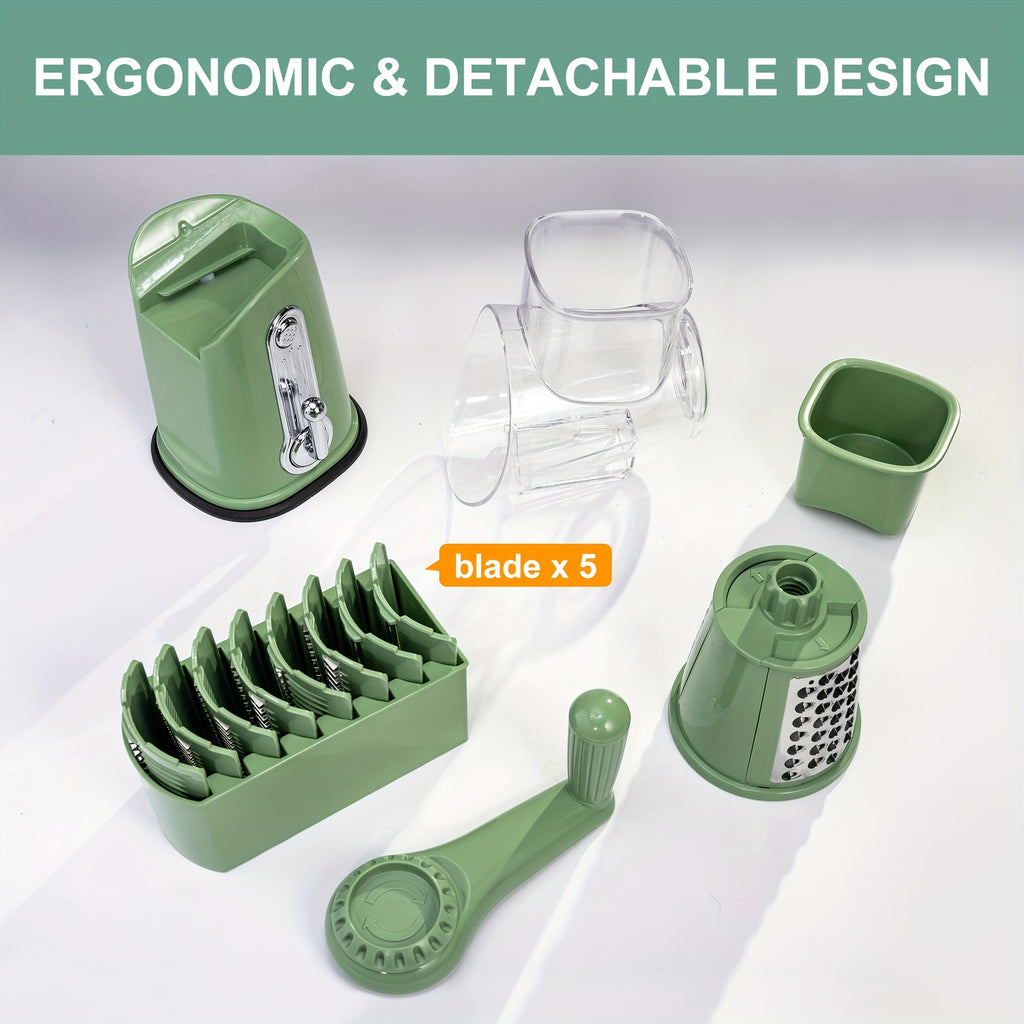 Rotary Cheese Grater With Handle - Vegetable Shredder With 5 Well-designed Blades & Strong Suction Base, Round Mandoline Slicer & Food Chopper For Kitchen, With Blade Storage Box(Beige, Retro Green)