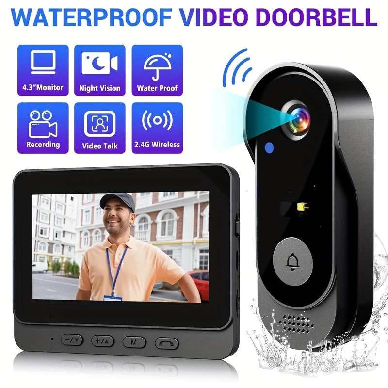 Smart HD WiFi Doorbell, High Quality High-Quality Wireless Camera with Night Vision, Voice Converter, Photos & Videos, 4.3-Inch Screen, 365-Day Standby, Infrared Night Light, Expandable to 128GB Storage, Auto-Recording and Li