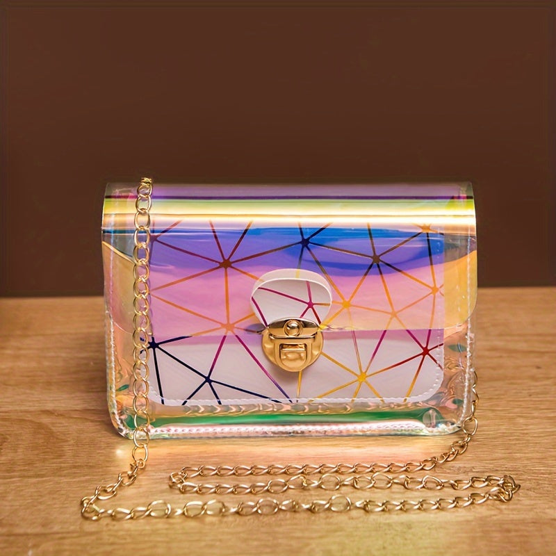 Chic Laser-Cut Transparent Crossbody Bag for Women - Fashionable Striped PVC Shoulder Purse with Chain Strap, Versatile & Colorful