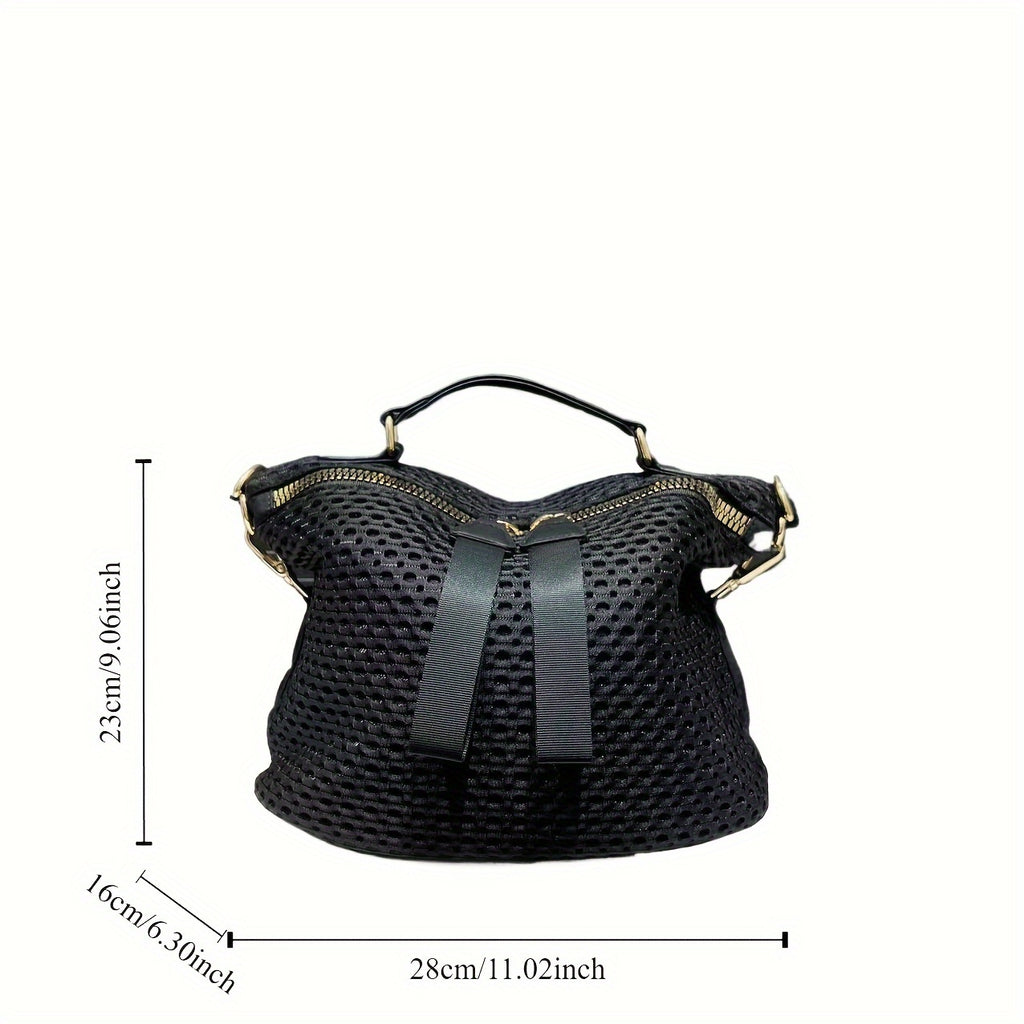 [Mesh Crossbody Bag] Lightweight Black Nylon Mesh Crossbody Bag - Chic Women's, Versatile with Wide Strap & Detachable Shoulder Strap, Zip Closure