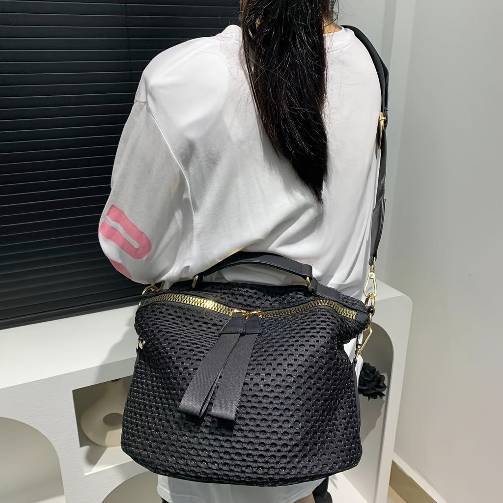 [Mesh Crossbody Bag] Lightweight Black Nylon Mesh Crossbody Bag - Chic Women's, Versatile with Wide Strap & Detachable Shoulder Strap, Zip Closure