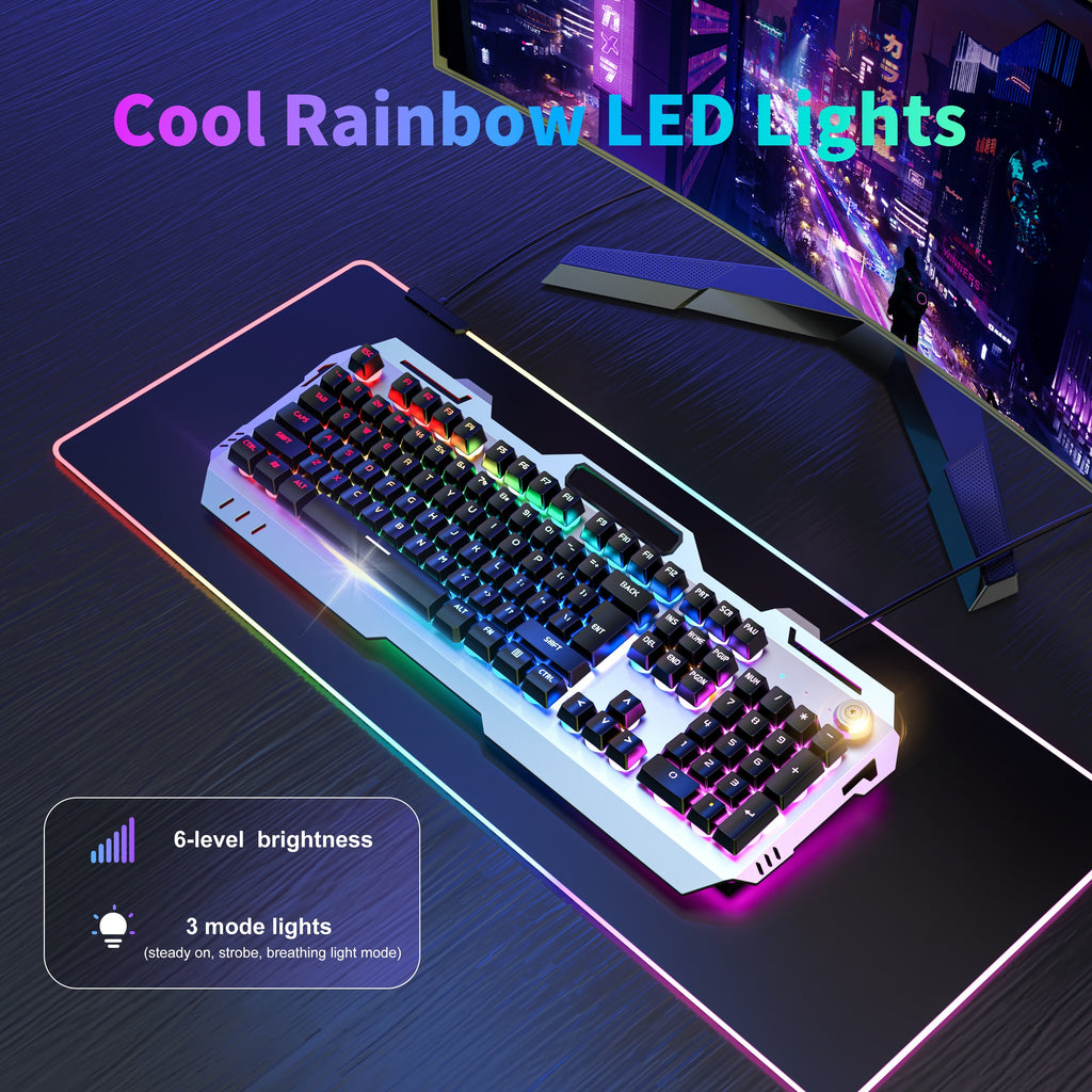 [EWEADN LED Gaming Keyboard] EWEADN 104 Keys LED Backlit Wired Gaming Keyboard - Ergonomic Silent Design, Adjustable Volume Knob, USB Powered, for Desktop & Notebook Computers, Office Accessories
